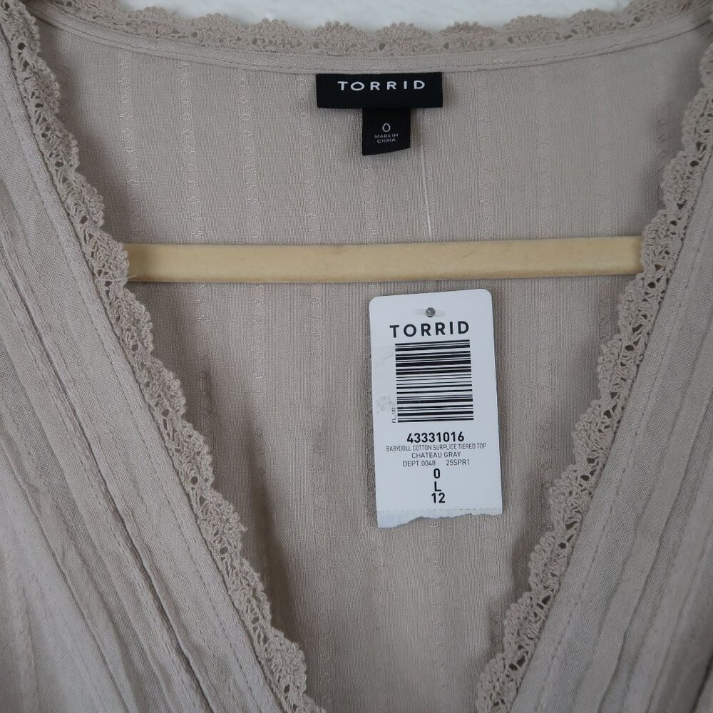 NWT Torrid O L 12 Beige Tan Babydoll Tiered Top Lace Trim Long Sleeve - Picture 2 of 5